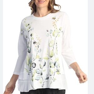 Jess and Jane Women’s Mineral Cotton Gauze Floral Print White Ruffle Top Small